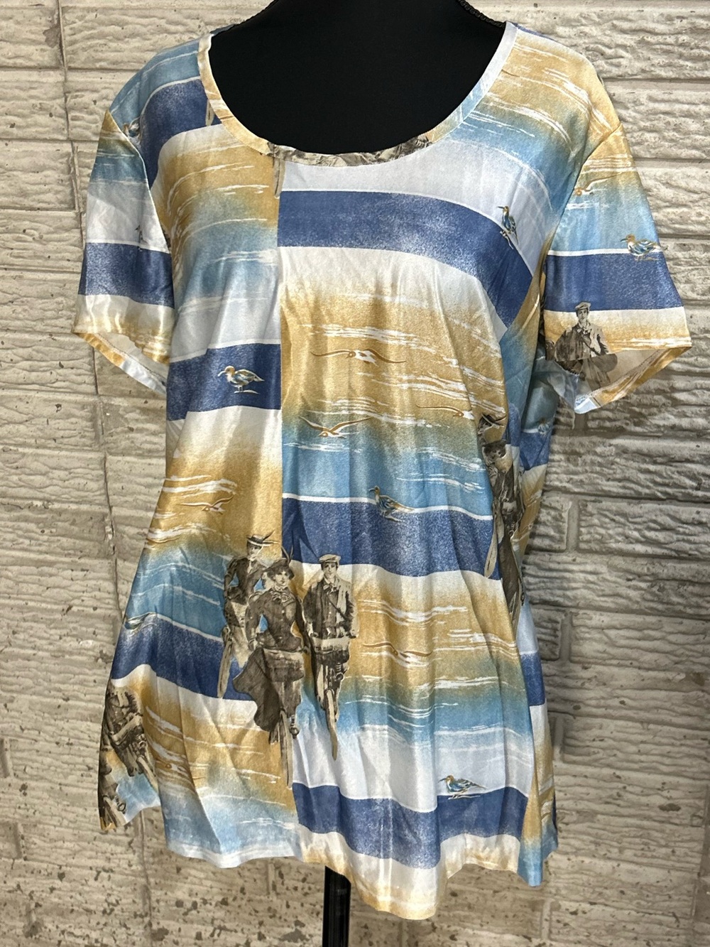 Vintage 90s Scenic Print Acetate Blend Tunic Top Women’s Beach Coastal Beach